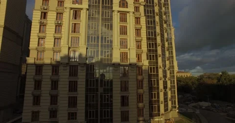 4K aerial construction of multi-storey house residential complex wall hotel Stock Footage 68100211