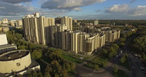 4K aerial construction of multi-storey house residential complex wall hotel Video stock 68100223