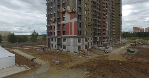 4K aerial construction of multi-storey house residential complex wall hotel Video stock 68378240