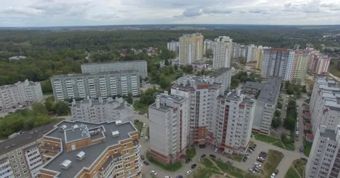 4K aerial construction of multi-storey house residential complex wall hotel Video stock 68378298