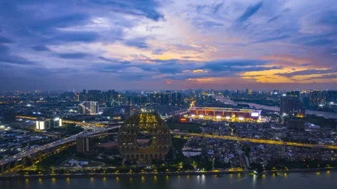 4K Aerial Day to Night Timelapse of Guangzhou Circle Tower Liwan District Vidéo 345014069