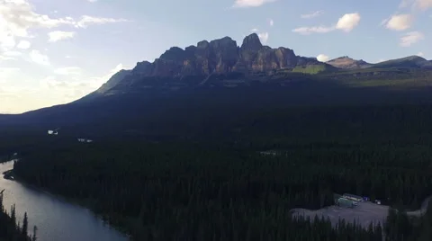 4K Aerial drone dramatic shot of Castle Mountain over the river in Banff Stock Footage 54948333