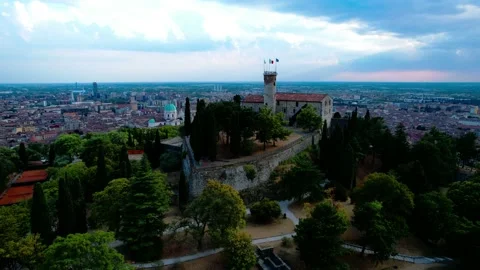 4k Aerial drone flight view above city Castle-Italy-Orbit city hiistoric Brescia Stock Footage 202592131