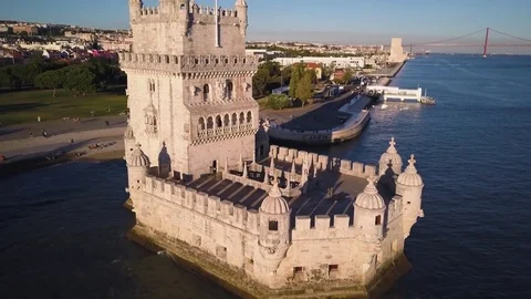 4k aerial drone footage - The Belem Tower in Lisbon Portugal at sunset. Stock Footage 82411053
