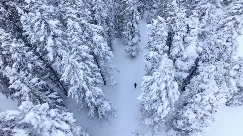 4k aerial drone footage.  Lonely hiker in the snow of Colorado Rocky Mountains Stock Footage