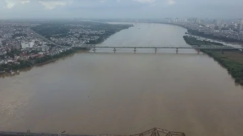 4k Aerial Drone Footage of Red River, Hanoi, Vietnam. Chuong Duong Bridge. Stock Footage