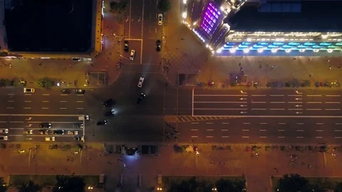4k Aerial drone footage. Top view night street of Kiev. Stock Footage