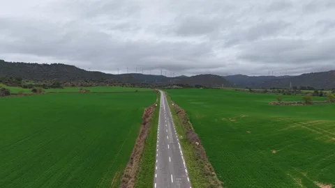 4K Aerial Drone Front Move Road Green Fields Stock-Footage 304183364
