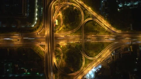 4K : Aerial drone hyperlapse video of elevated toll road junction Stock Footage 171456731