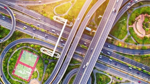 4K : Aerial drone hyperlapse video of elevated toll road junction Stock Footage 171814490