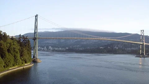 4K Aerial Drone Large Bridge Lions Gate City Nature Water Ocean Drone Stock Footage 90635766