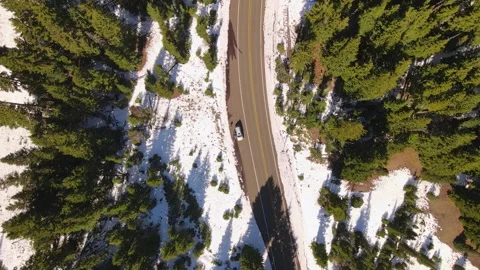4K Aerial Drone Top Down Rise over parked car in snowy pine forest Stock Footage 241140790