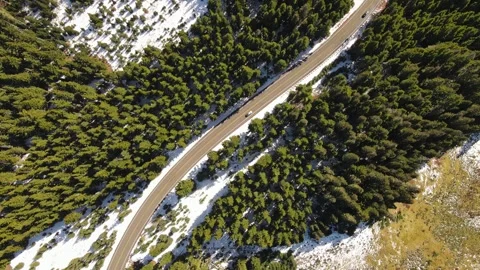 4K Aerial Drone Top Down view of road in snowy pine forest Stock Footage 241140817