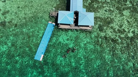 4K Aerial Drone Top Down Pier Tropical Ocean 24s Stock Footage 338231320