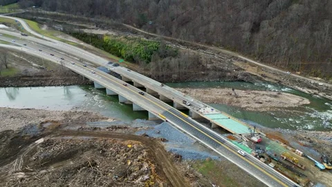 4K Aerial Drone Video of Bridge Being Repaired on Interstate 26 in Erwin, TN Stock Footage 299588570