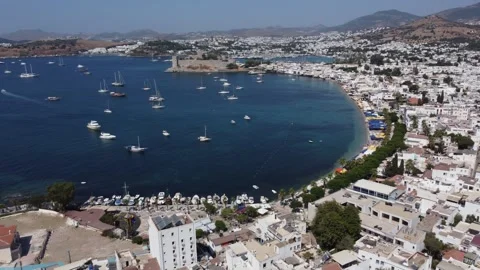 4K Aerial Drone View of Bodrum City and Beach, with Castle and Ships, Turkey Stock Footage 246560141