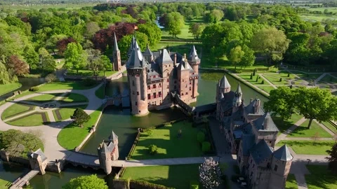 4K aerial drone view Castle de Haar Utrecht and old historical garden Stock Footage 317747809