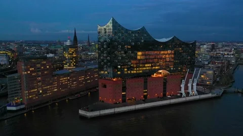 4К Aerial Drone View of HafenCity at sunset, Hamburg, Hanseatic City. Stock Footage 238942780
