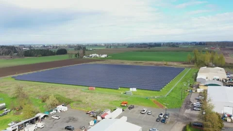 4K aerial drone view of a large solar panel farm in field in rural Oregon, USA  Video stock 332119997