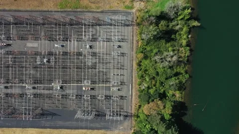 4K aerial drone view of large electrical substation at Bonneville Dam, WA, USA  Stock-Footage 342586679