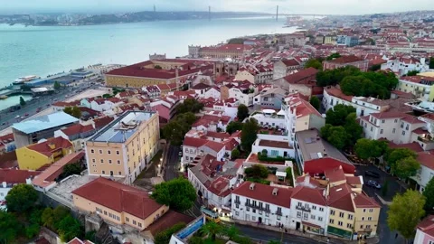 4K Aerial drone view of Lisbon yellow Trams and Alfama historic district 動画素材 320620447
