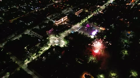 4K Aerial Drone View of Massive Crowd Dancing at Outdoor Night Music Festival Stock Footage 340273156