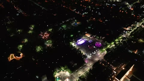 4K Aerial Drone View of Massive Crowd Dancing at Outdoor Night Music Festival Stock Footage 340273418