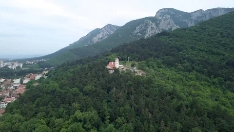 4k Aerial Drone view of mountans and small village Stock Footage 124657759