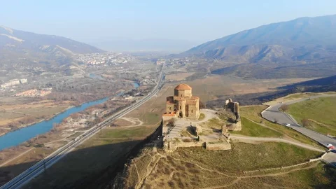 4k Aerial drone view of Mtskheta, Georgia with Svetitskhoveli Cathedral Stock Footage 111491944