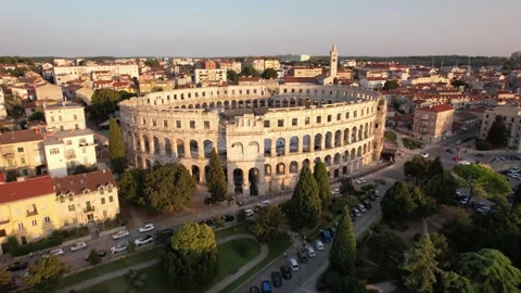 4K aerial drone view of Pula city with Roman amphitheater and harbor, Croatia Stock-Footage 317535146