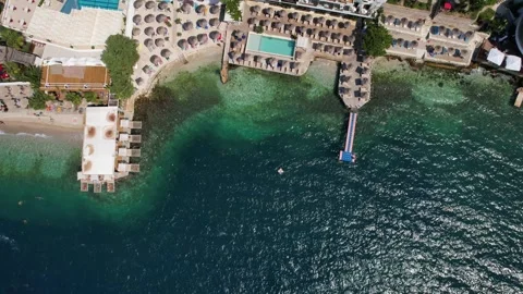 4K Aerial Drone View of Saranda Harbor and Downtown, Albania Stock Footage 317690145