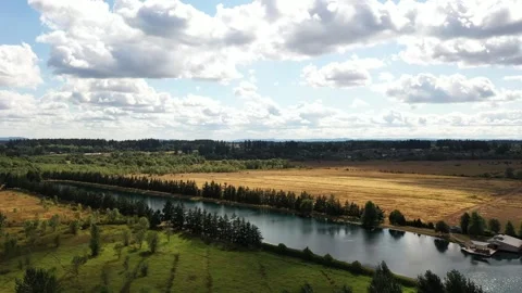 4K aerial drone view of small Warman lake, residential homes in Camas, WA, USA Stock Footage 342809601