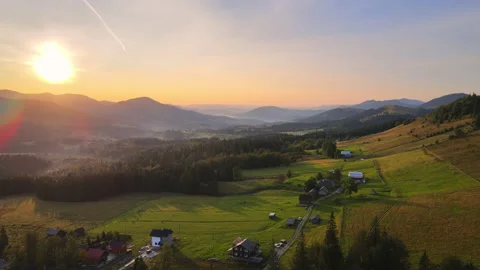 4K Aerial drone view of summer mountain landscape on sunrise with evergreen pine Stock Footage