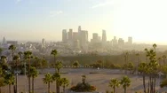 4K Aerial Of Empty Dodger Stadium With Downtown Los Angeles Skyline During Stock Footage
