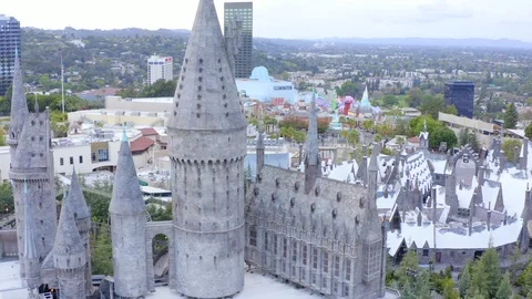 4K aerial of empty Universal Studios by Hogwarts Harry Potter castle Stock Footage 127011779