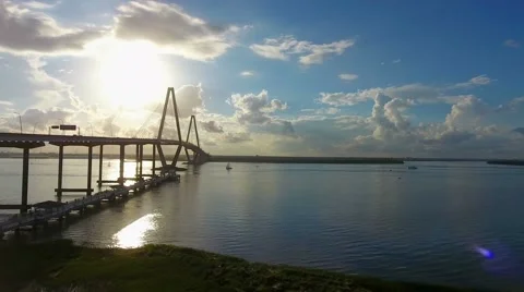 4k Aerial Epic Cinematic of Arthur Ravenel Jr. Bridge Charleston SC Stock Footage