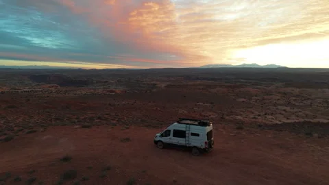 4K Aerial Epic Sunset Camp spot overlanding camping Van vanlife view Stock Footage 300056334