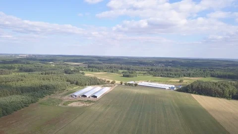 4k AERIAL with fields and chicken farm buildings. 動画素材 91999200