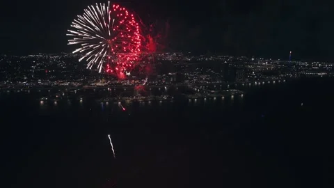 4K Aerial Fireworks in Front of T-Heads at Corpus Christi Bay on July 4, 2026 Stock Footage 339112032