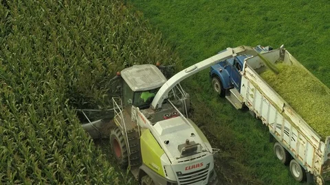 4K Aerial flight over corn field combine harvester drone view of a farmer Stock Footage 120327516