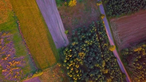 4k AERIAL: Flight over fields and asphalt road in golden sunset light. Stock Footage 94690631