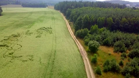 4k AERIAL with flight over sandy road, field and forest. Stock Footage 156947801