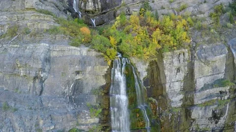 4K Aerial fly in close up of double waterfall Stock Footage 42545282