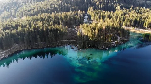4k aerial fly over forest shore at lake Hintersee, Bavaria, Germany Stock Footage 107325736