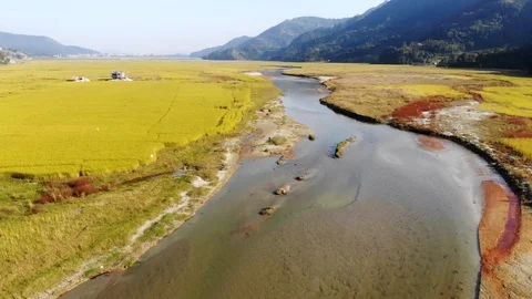 4k aerial fly over river in grassy valley near Pokhara in Nepal Stock Footage 107659701