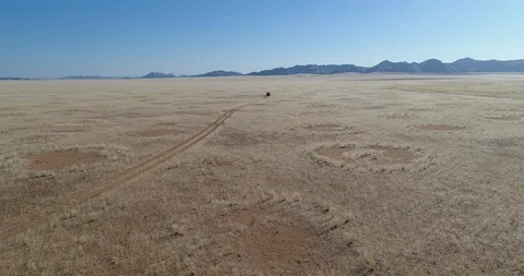 4K aerial fly over view of the famous fairy circles and a 4x4 vehicle in the Stock Footage 102765664