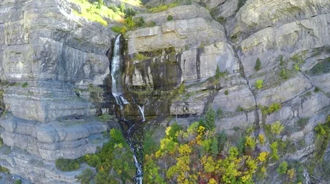 4K Aerial Fly Up Pan Back WaterFall Fall Colors Stock Footage 42546254