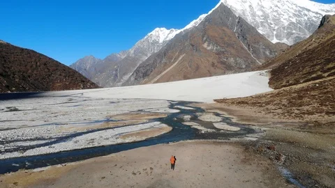 4k aerial fly right to left over river veins in Langtang Valley in Nepal Stock Footage 107665603
