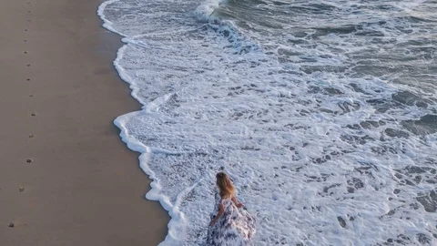 4k Aerial Flying Above Beautiful Woman Running On The Beach &amp; Ocean Stock Footage 80988652