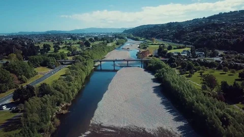 4K Aerial, Flying Down New Zealand River, Hutt Valley Wellington Vídeo Stock 81342080